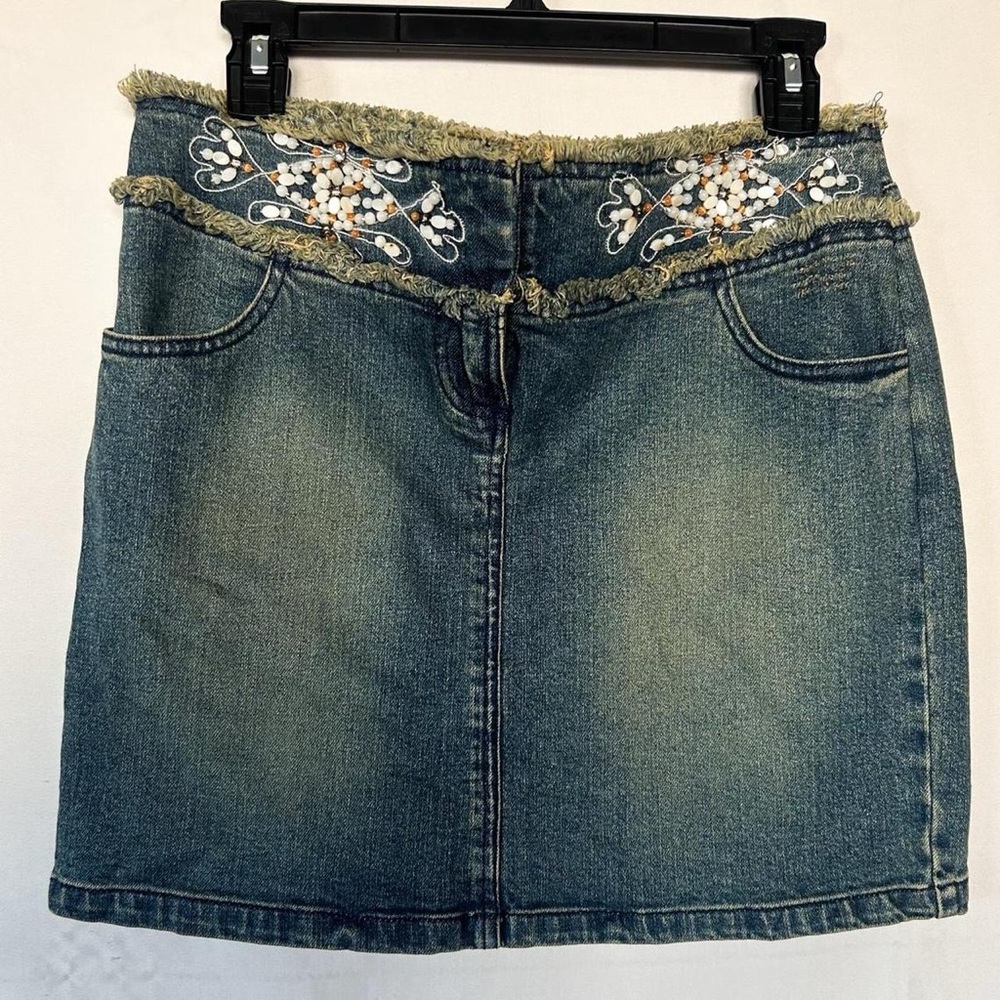 Y2k faded boheiman fringe waist denim skirt